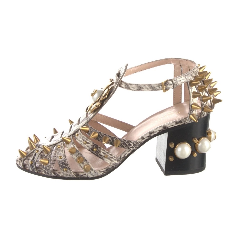 GUCCI Faux Pearl Accents Water Snake T-Strap Sandals Women's Size: 6.5